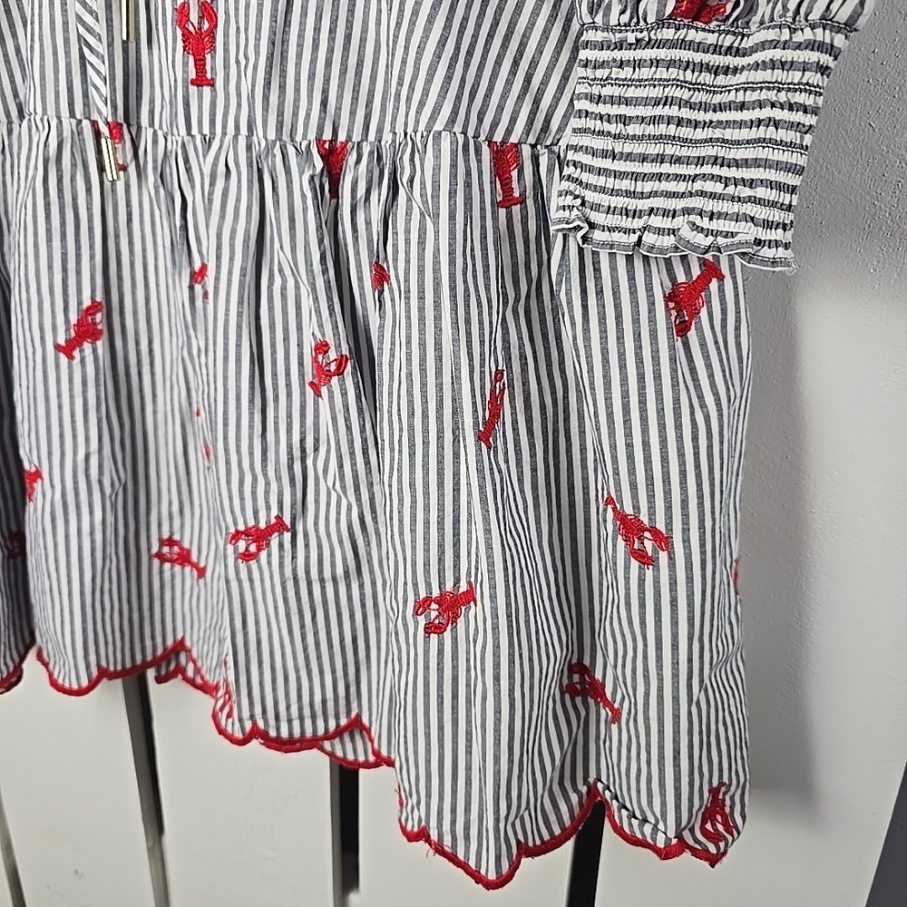 Lands' End Lobster Applique Popover Dress Medium Striped Red Grey Coastal - Picture 9 of 12